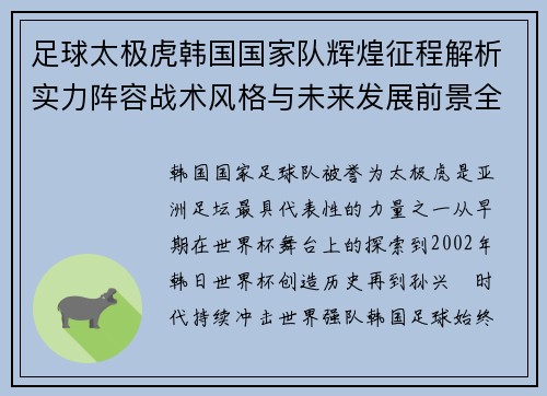 足球太极虎韩国国家队辉煌征程解析实力阵容战术风格与未来发展前景全面观察